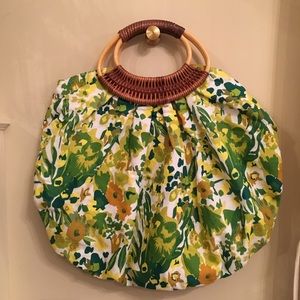 Straw / Wood Handle Bag with Floral Fabric - NWOT